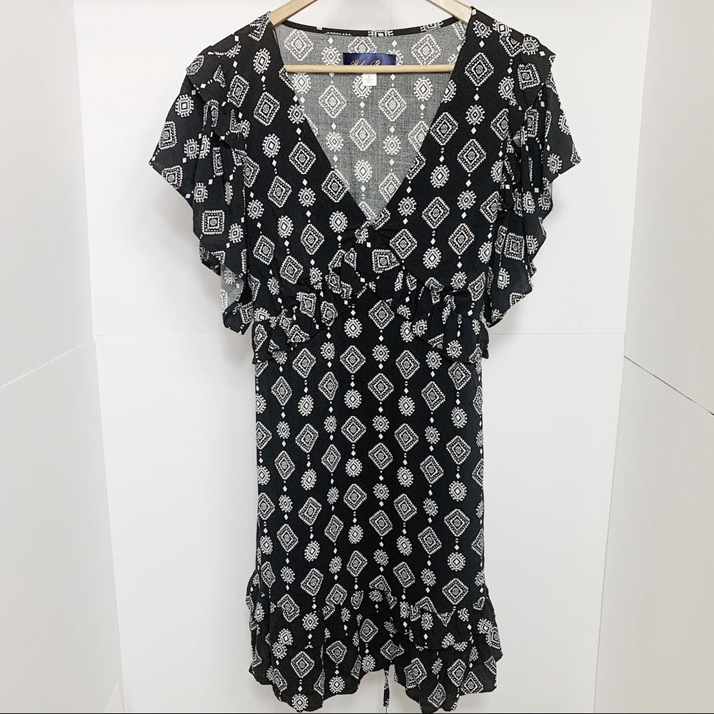 Blue Rain | Black + White Aztec Print Ruffle Dress